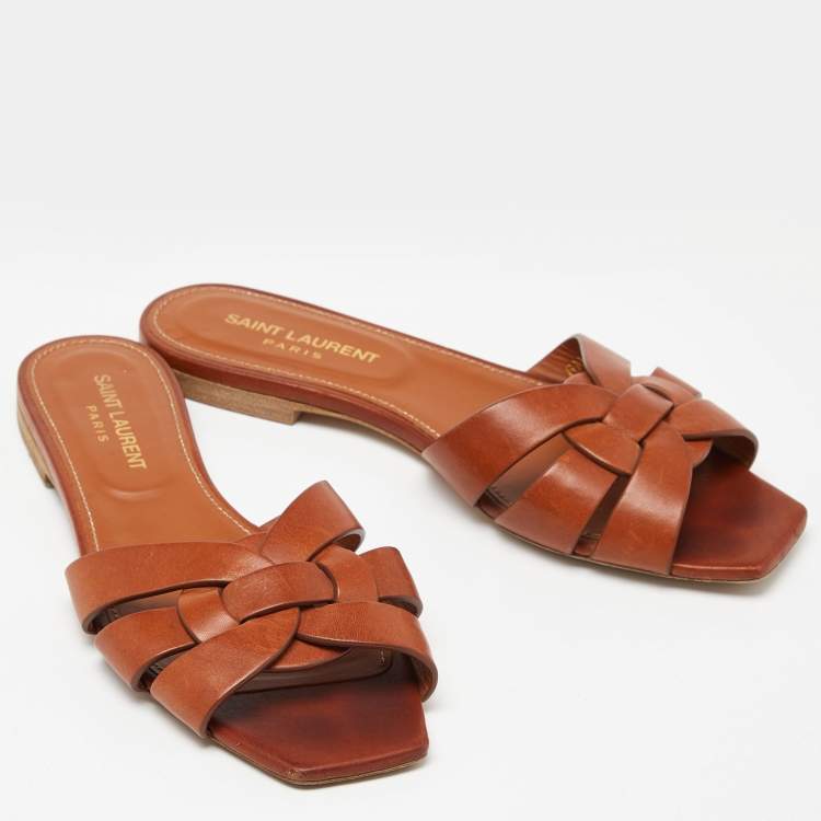 Pre Owned Saint Laurent Brown Leather Tribute Slides Size 36.5