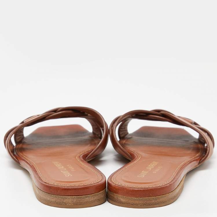 Pre Owned Saint Laurent Brown Leather Tribute Slides Size 36.5