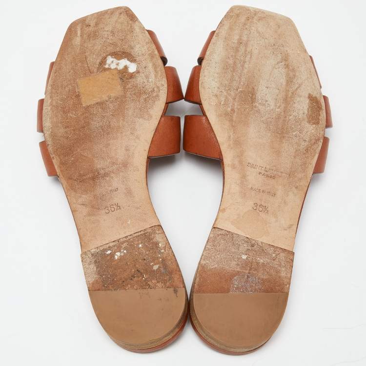 Pre Owned Saint Laurent Brown Leather Tribute Slides Size 36.5