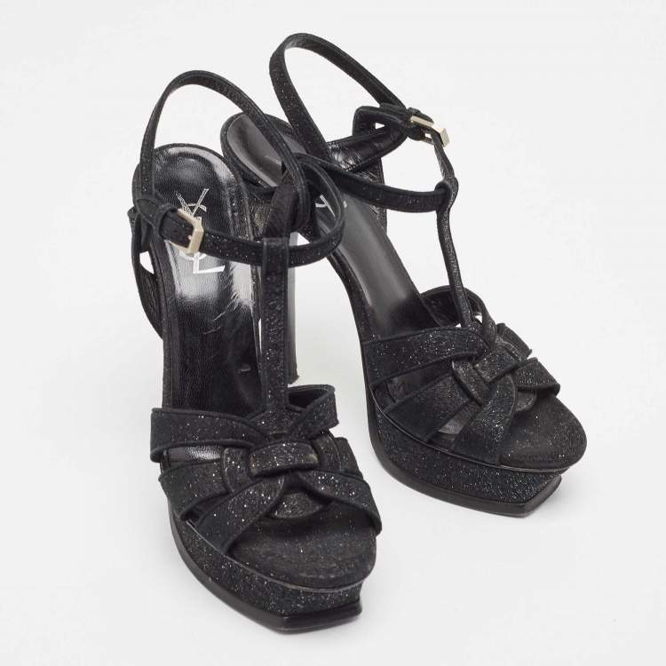 Pre Owned Saint Laurent Black Textured Suede Tribute Sandals Size 39