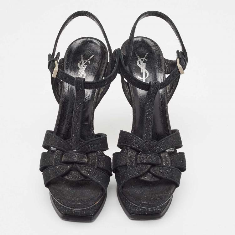 Pre Owned Saint Laurent Black Textured Suede Tribute Sandals Size 39