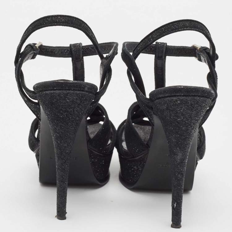 Pre Owned Saint Laurent Black Textured Suede Tribute Sandals Size 39