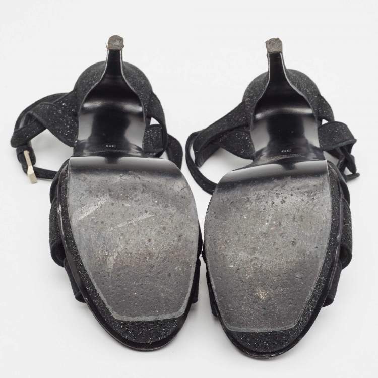 Pre Owned Saint Laurent Black Textured Suede Tribute Sandals Size 39