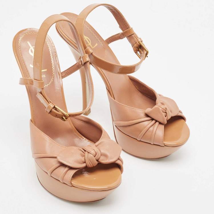 Pre Owned Saint Laurent  Brown Leather and Patent Ankle Strap Sandals Size 40