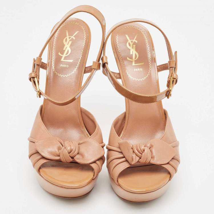 Pre Owned Saint Laurent  Brown Leather and Patent Ankle Strap Sandals Size 40