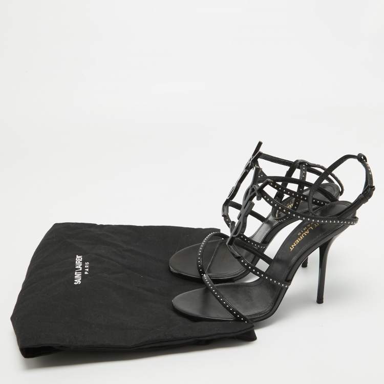 Pre Owned Saint Laurent Black Studded Leather Cassandra Ankle Strap Sandals Size 36