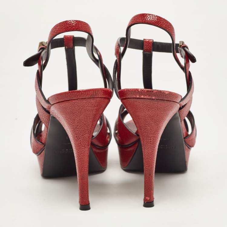 Pre Owned Saint Laurent Paris Red Textured Leather Tribute Platform Ankle Strap Sandals Size 41