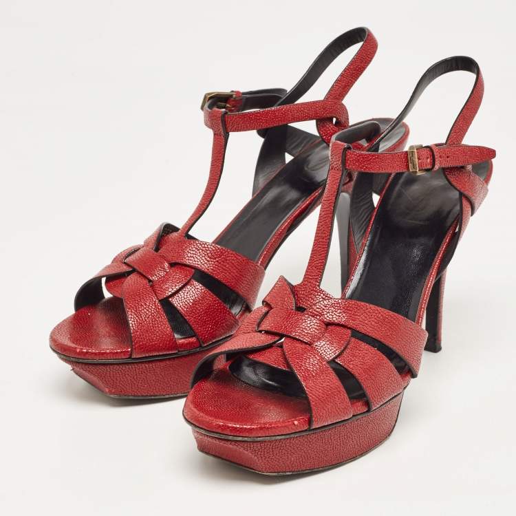 Pre Owned Saint Laurent Paris Red Textured Leather Tribute Platform Ankle Strap Sandals Size 41