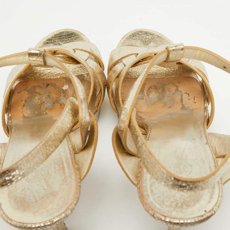 Pre Owned Saint Laurent Gold Textured Leather Tribute Sandals Size 38