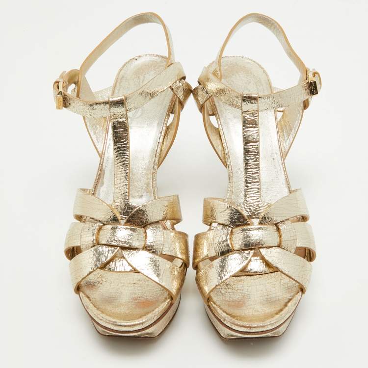 Pre Owned Saint Laurent Gold Textured Leather Tribute Sandals Size 38