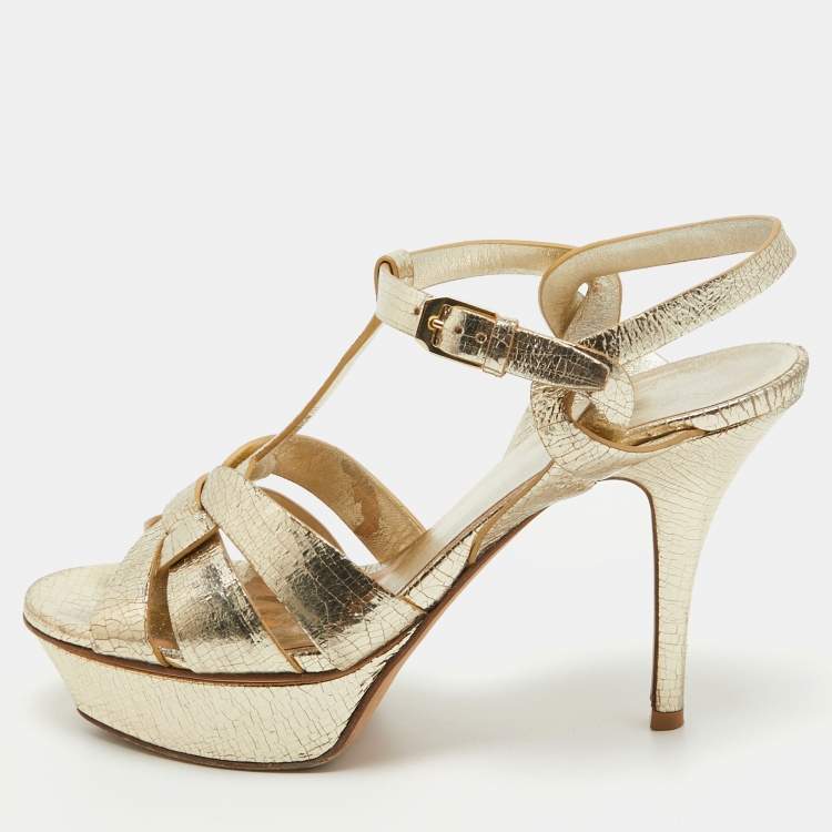 Pre Owned Saint Laurent Gold Textured Leather Tribute Sandals Size 38