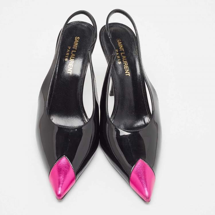 Pre Owned Saint Laurent Black/Pink Patent and Leather Slingback Pumps Size 36 