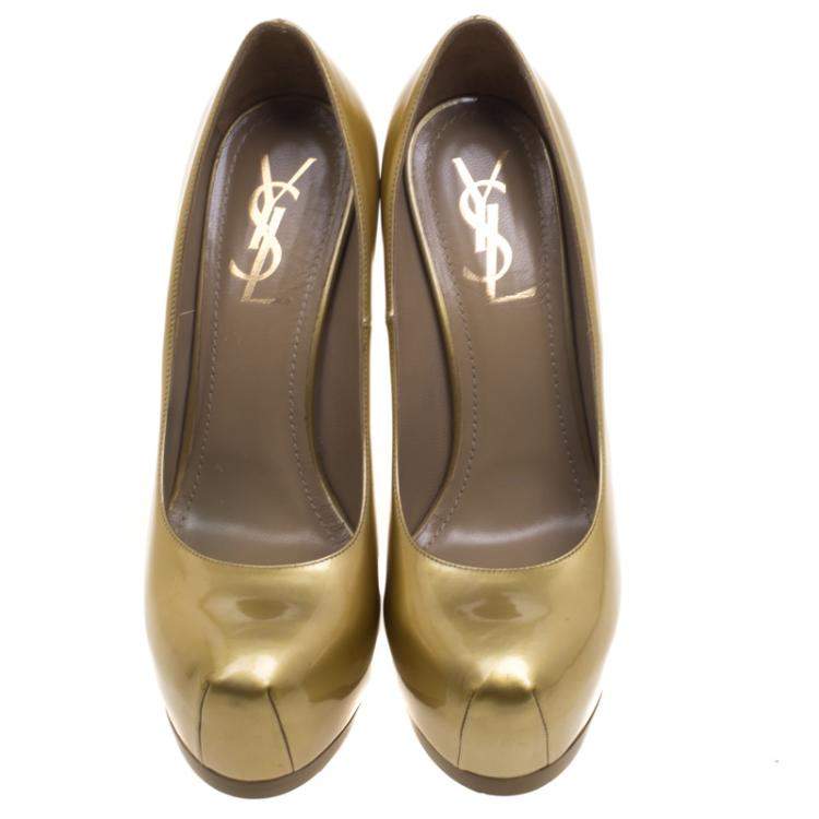 Pre Owned Saint Laurent Paris Gold Patent Leather Tribtoo Platform Pumps Size 38