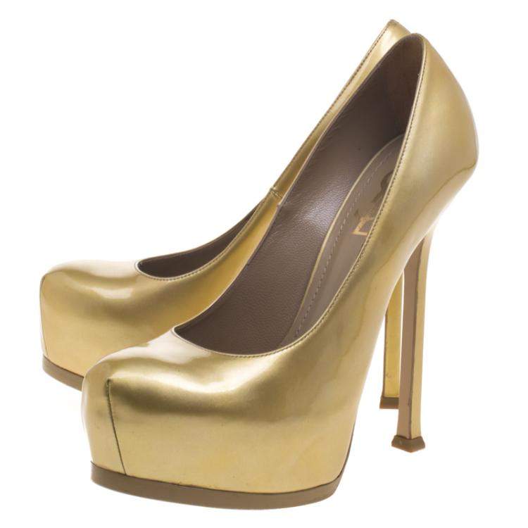 Pre Owned Saint Laurent Paris Gold Patent Leather Tribtoo Platform Pumps Size 38