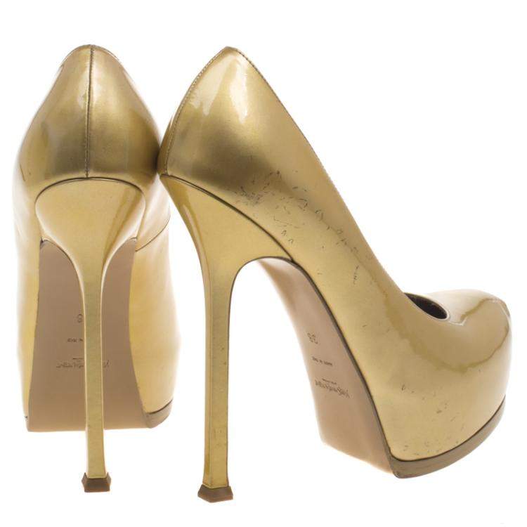 Pre Owned Saint Laurent Paris Gold Patent Leather Tribtoo Platform Pumps Size 38