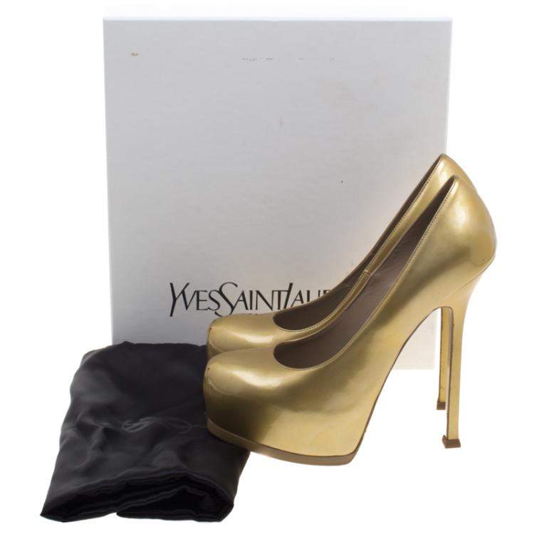 Pre Owned Saint Laurent Paris Gold Patent Leather Tribtoo Platform Pumps Size 38