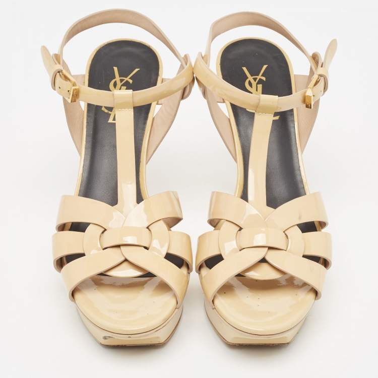 Pre Owned Saint Laurent Beige Patent Tribute Ankle Strap Sandals Size 37
