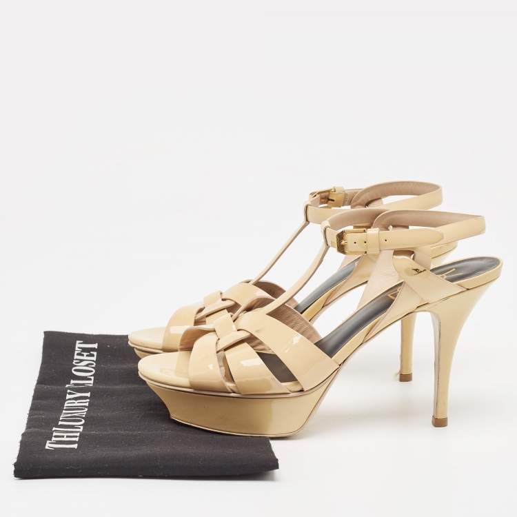 Pre Owned Saint Laurent Beige Patent Tribute Ankle Strap Sandals Size 37