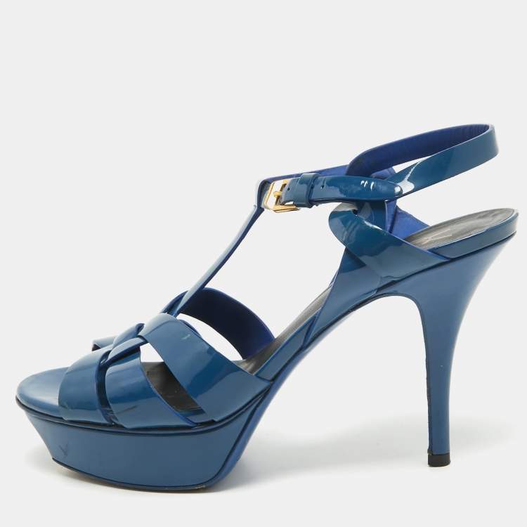 Pre Owned Saint Laurent Blue Patent Leather Tribute Sandals Size 37