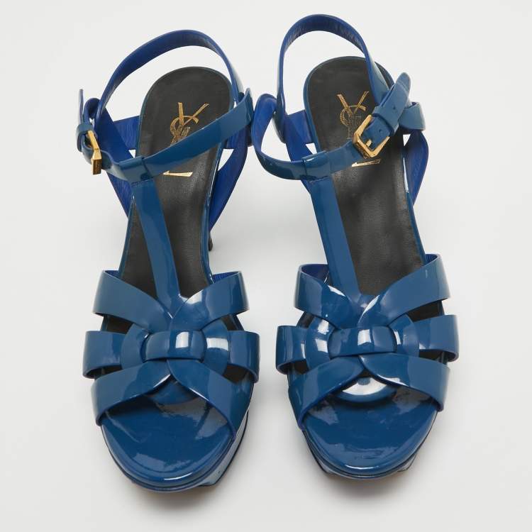 Pre Owned Saint Laurent Blue Patent Leather Tribute Sandals Size 37