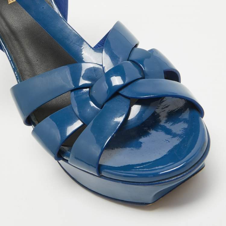 Pre Owned Saint Laurent Blue Patent Leather Tribute Sandals Size 37