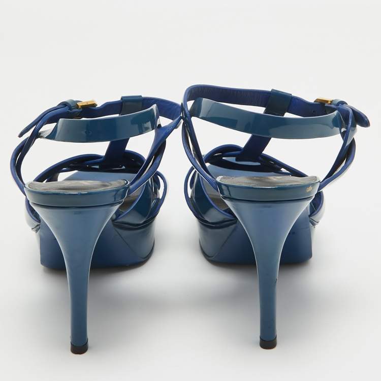 Pre Owned Saint Laurent Blue Patent Leather Tribute Sandals Size 37