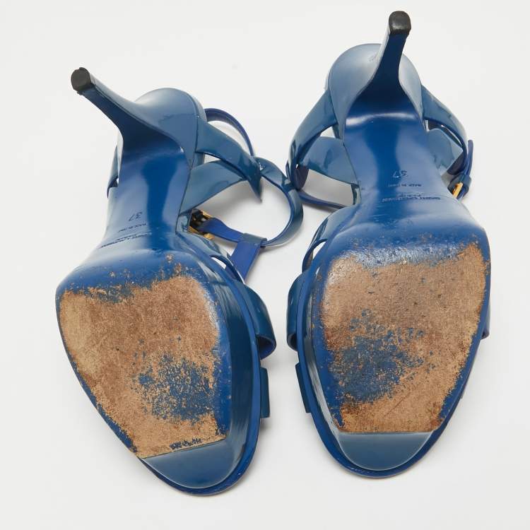 Pre Owned Saint Laurent Blue Patent Leather Tribute Sandals Size 37