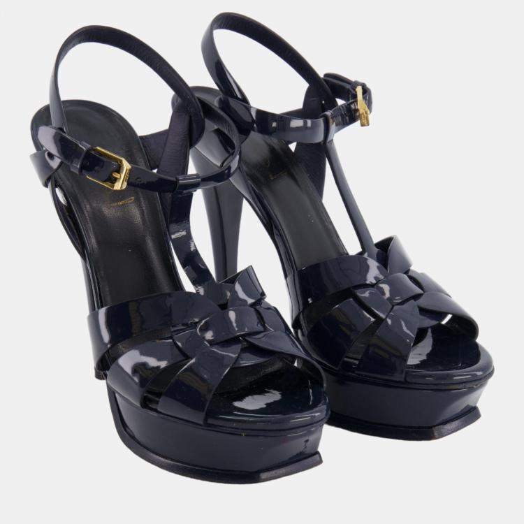 Pre Owned Saint Laurent Navy Patent Leather Tribute Platform Heels Size 37