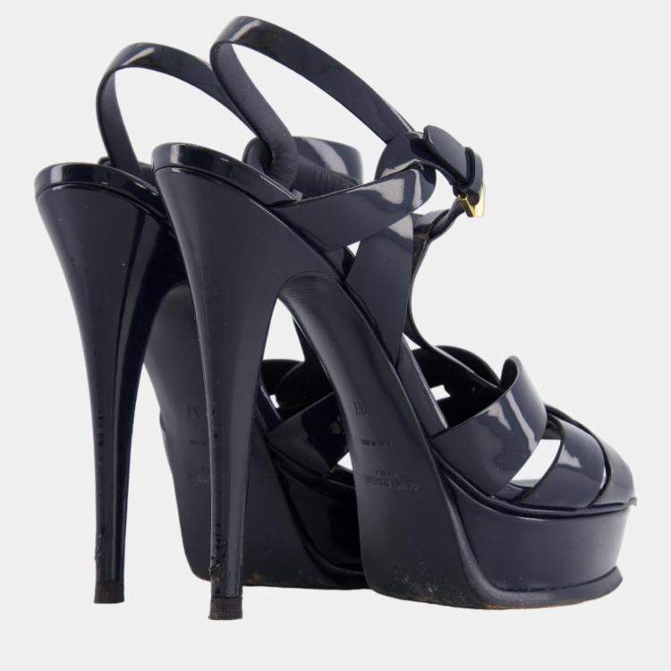Pre Owned Saint Laurent Navy Patent Leather Tribute Platform Heels Size 37