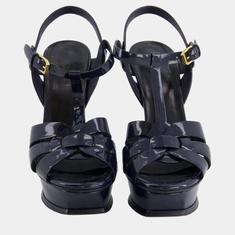 Pre Owned Saint Laurent Navy Patent Leather Tribute Platform Heels Size 37