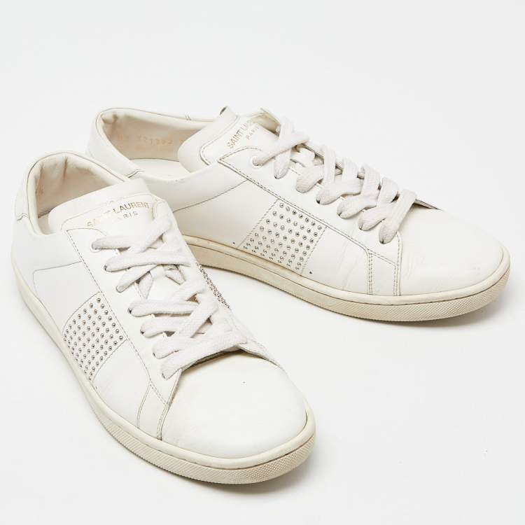Pre Owned Saint Laurent White Leather Crystal Embellished Low Top Sneakers Size 38.5