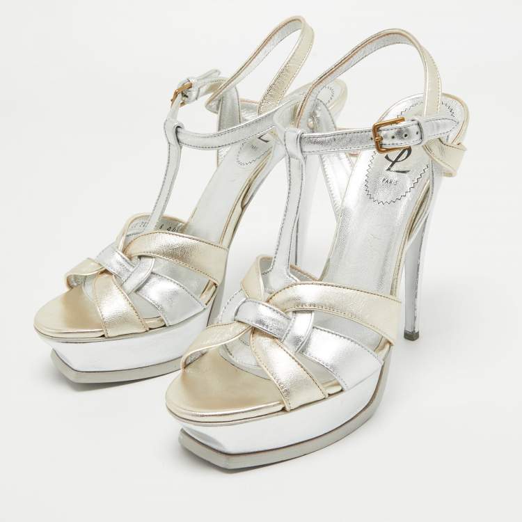 Pre Owned Saint Laurent Paris Silver/Gold Leather Tribute Platform Ankle Strap Sandals Size 40.5