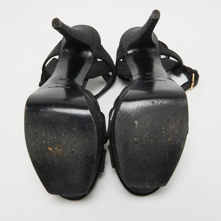 Pre Owned Saint Laurent Black Textured Suede Tribute Ankle Strap Sandals Size 40.5