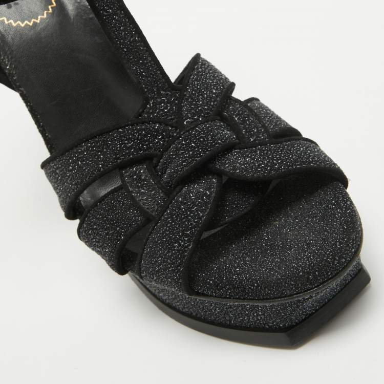 Pre Owned Saint Laurent Black Textured Suede Tribute Ankle Strap Sandals Size 40.5