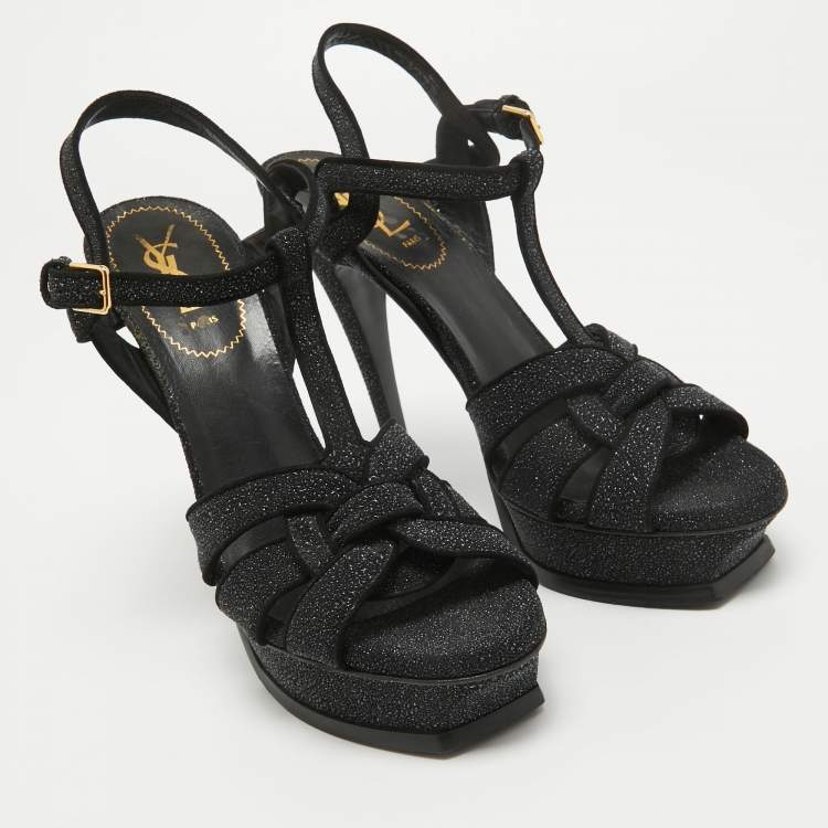 Pre Owned Saint Laurent Black Textured Suede Tribute Ankle Strap Sandals Size 40.5