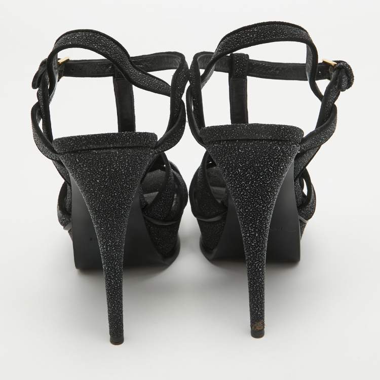 Pre Owned Saint Laurent Black Textured Suede Tribute Ankle Strap Sandals Size 40.5