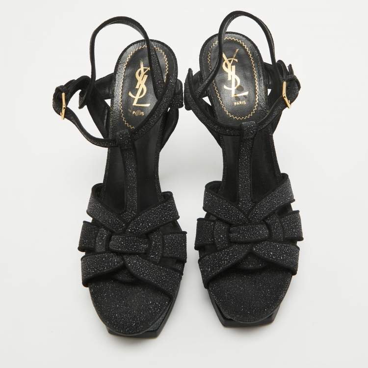 Pre Owned Saint Laurent Black Textured Suede Tribute Ankle Strap Sandals Size 40.5