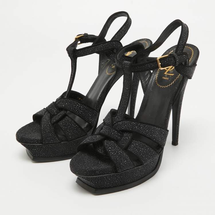 Pre Owned Saint Laurent Black Textured Suede Tribute Ankle Strap Sandals Size 40.5
