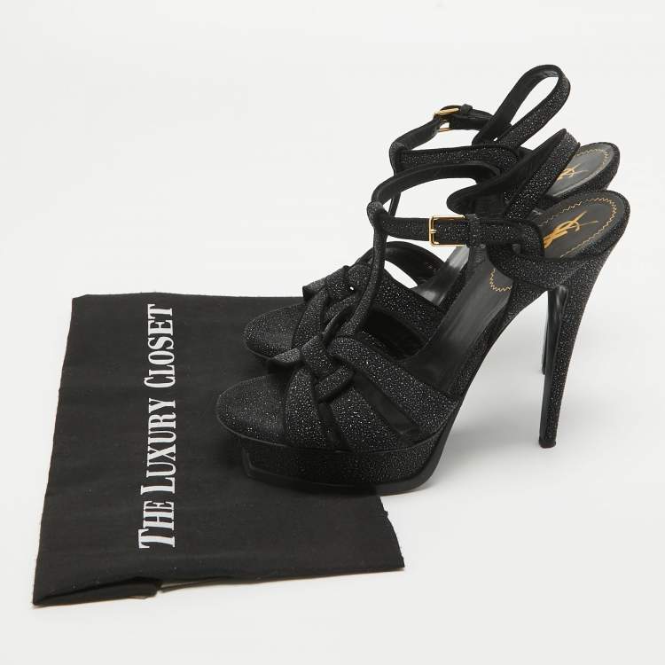 Pre Owned Saint Laurent Black Textured Suede Tribute Ankle Strap Sandals Size 40.5