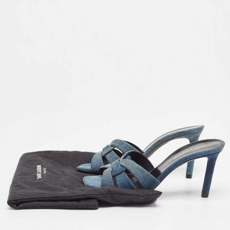 مملوكة مسبقًا Saint Laurent Blue Denim Tribute Slide Sandals Size 37