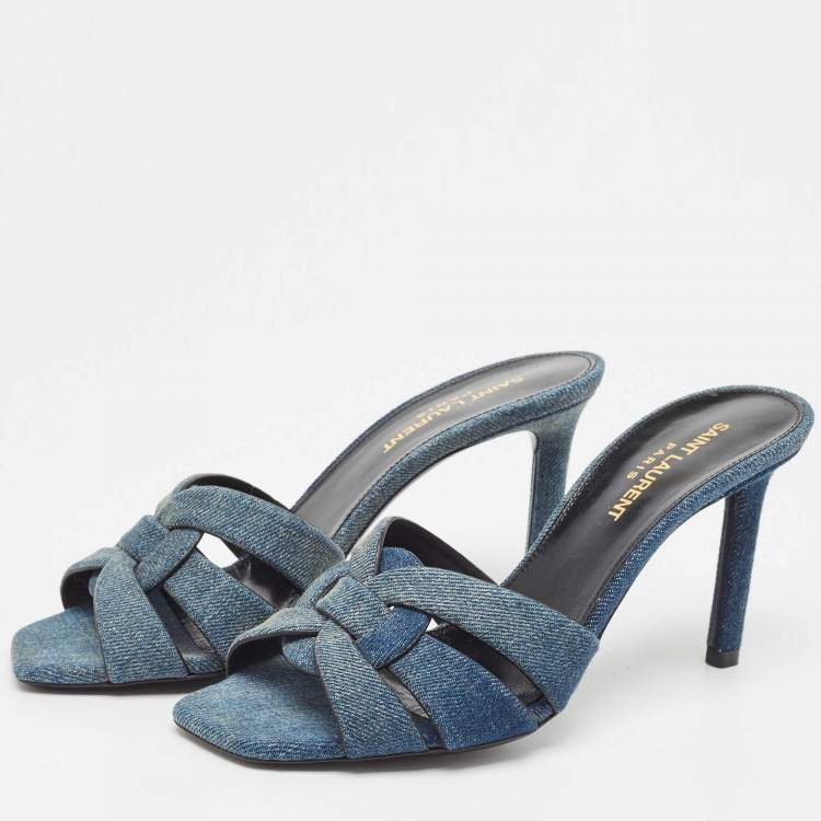 مملوكة مسبقًا Saint Laurent Blue Denim Tribute Slide Sandals Size 37