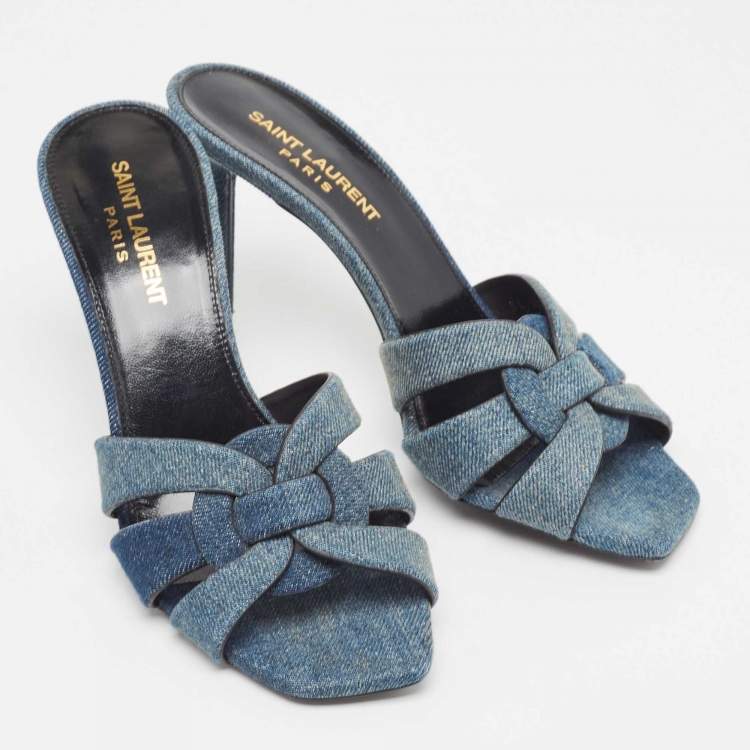 مملوكة مسبقًا Saint Laurent Blue Denim Tribute Slide Sandals Size 37