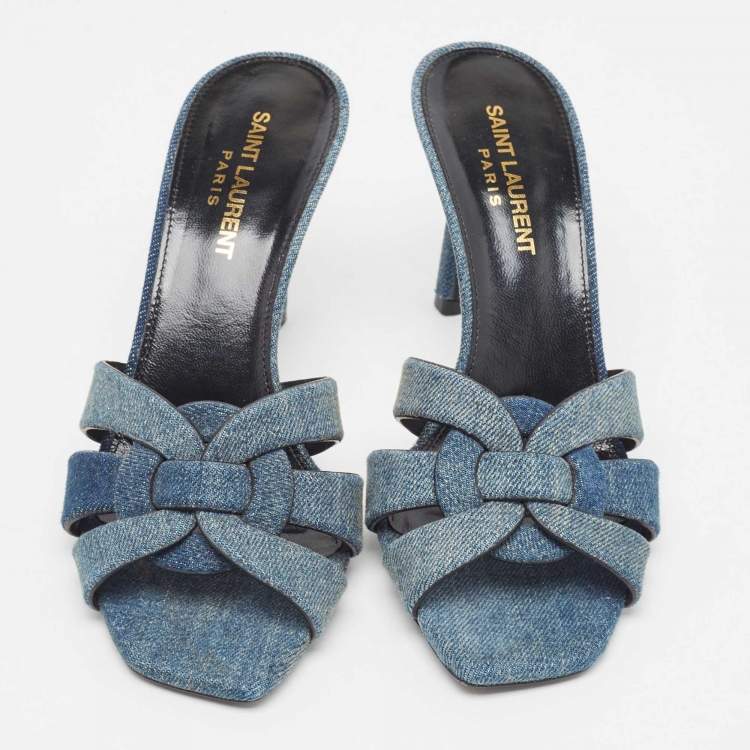 مملوكة مسبقًا Saint Laurent Blue Denim Tribute Slide Sandals Size 37