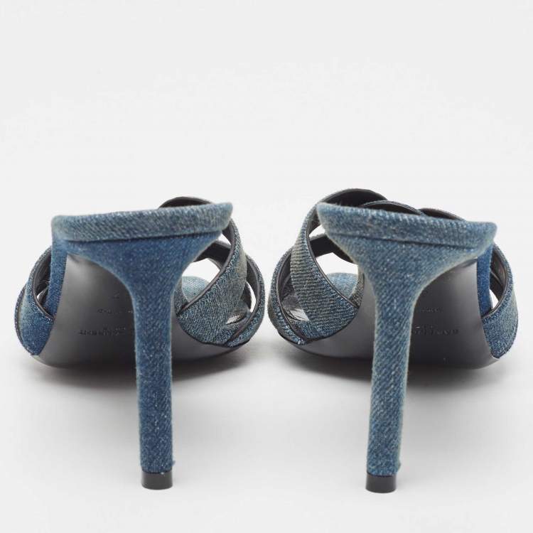 مملوكة مسبقًا Saint Laurent Blue Denim Tribute Slide Sandals Size 37
