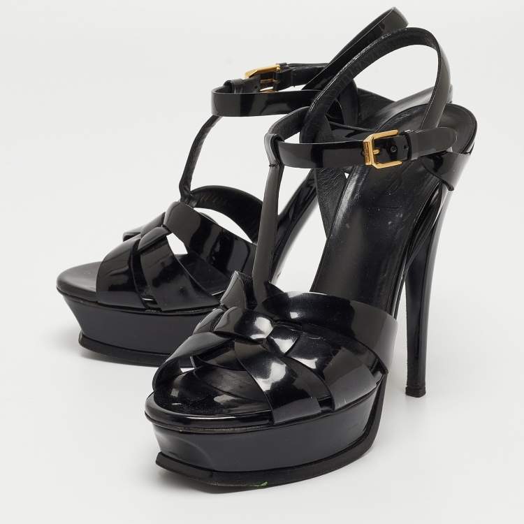 مملوكة مسبقًا Saint Laurent Black Patent Leather Tribute Sandals Size 37