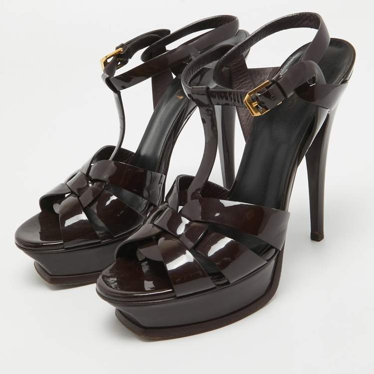 Pre Owned Saint Laurent Paris Burgundy Patent Leather Tribute Platform Ankle Strap Sandals Size 38