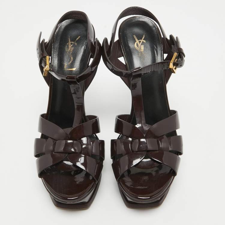 Pre Owned Saint Laurent Paris Burgundy Patent Leather Tribute Platform Ankle Strap Sandals Size 38