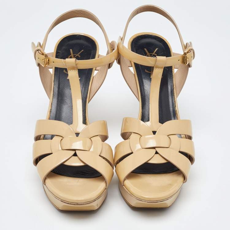 Pre Owned Saint Laurent Beige Patent leather Tribute Sandals Size 39