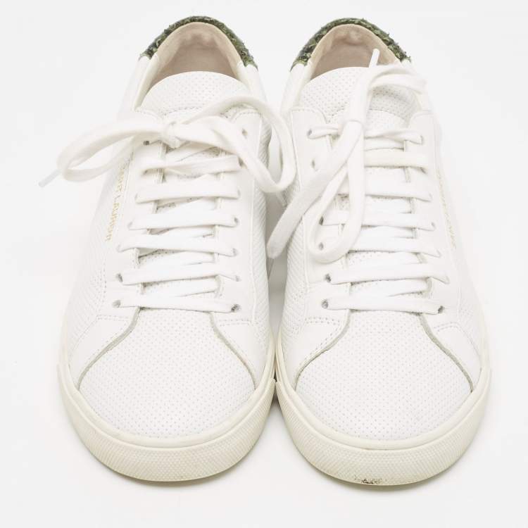 Pre Owned Saint Laurent White Leather and Python Embossed  Andy Sneakers Size 37.5