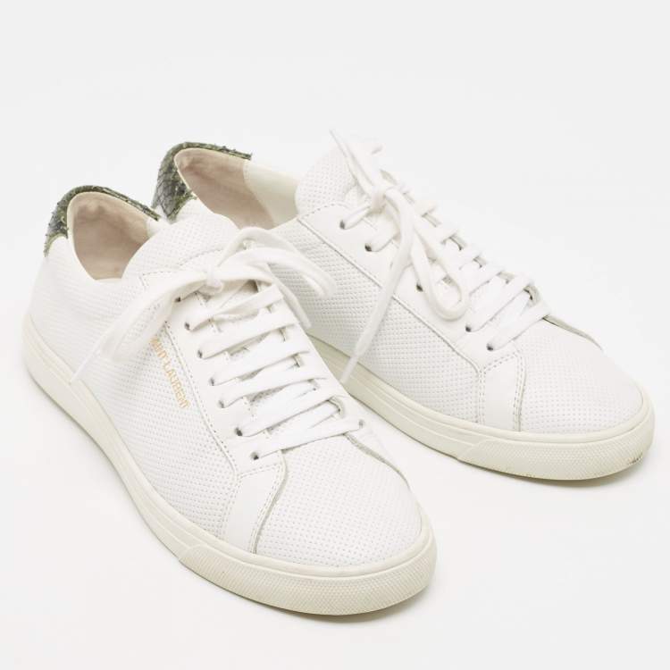 Pre Owned Saint Laurent White Leather and Python Embossed  Andy Sneakers Size 37.5